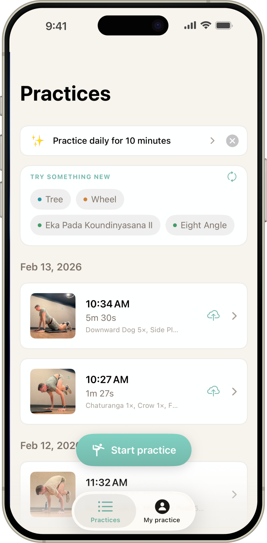 Practices list screen