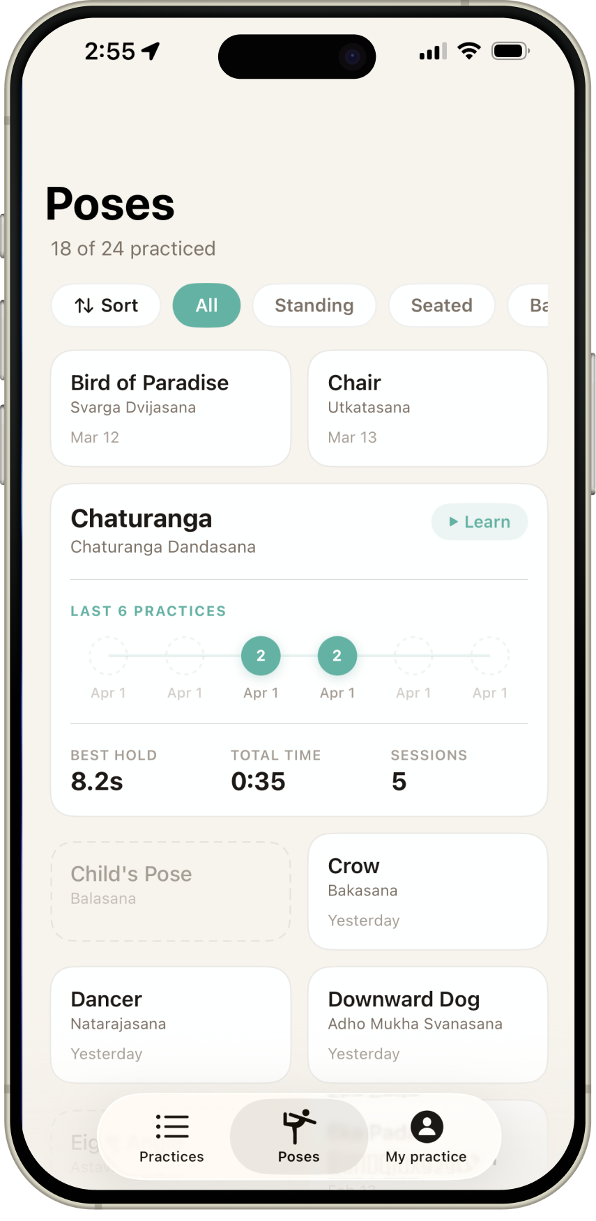 Pose collection showing practiced and unpracticed poses