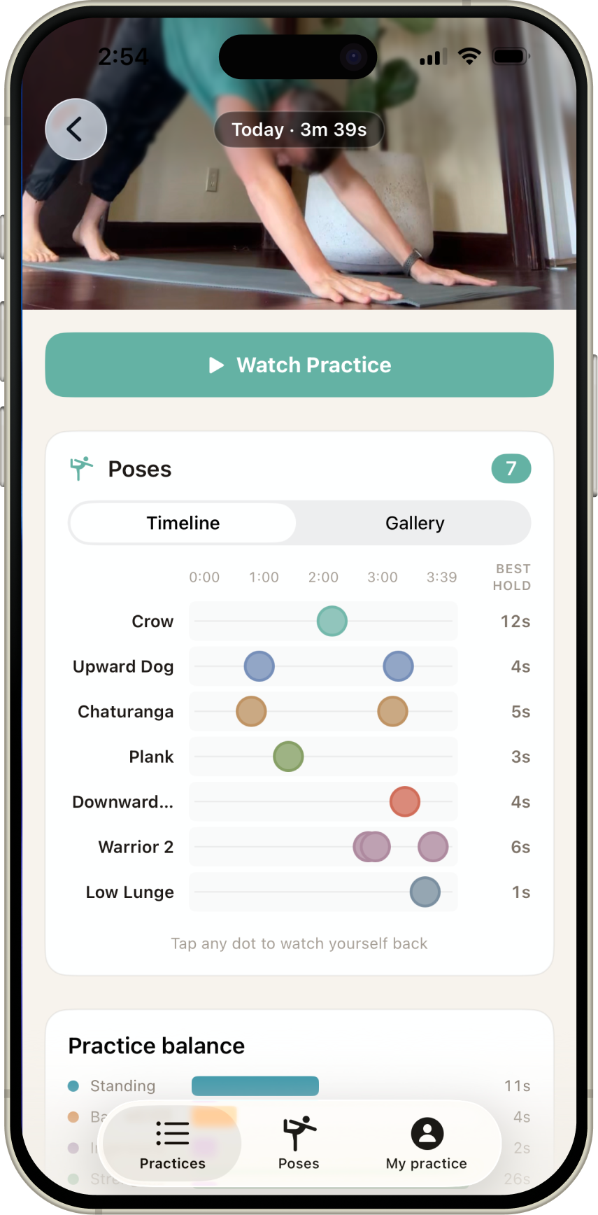 Practice summary showing poses detected during a session
